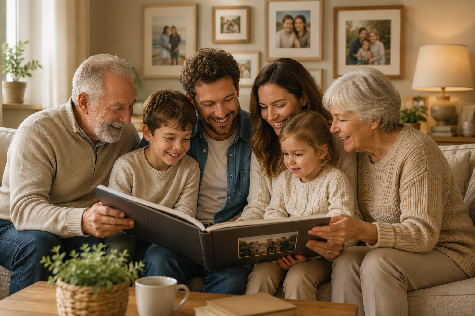 Grandparents, parents, and children looking through a family album at home