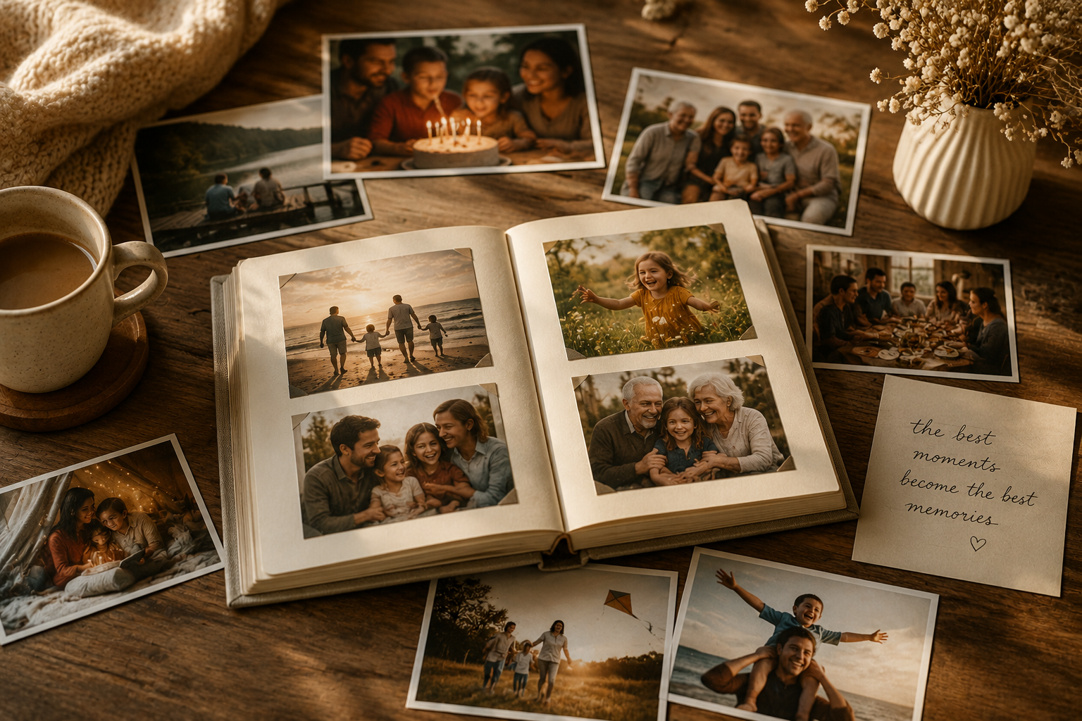 An open family photo album surrounded by printed memories