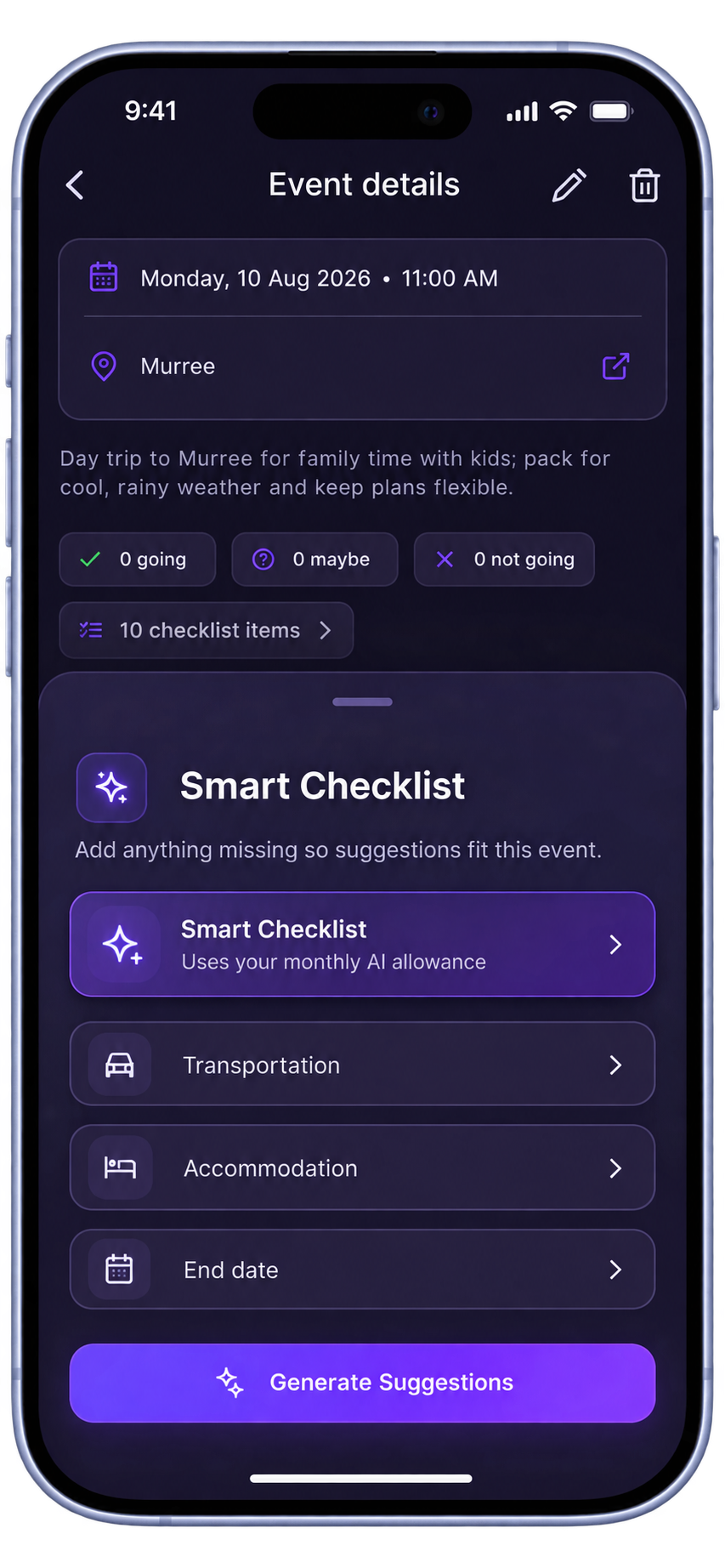 Homeloom dark-theme Smart Checklist suggestions for a family event