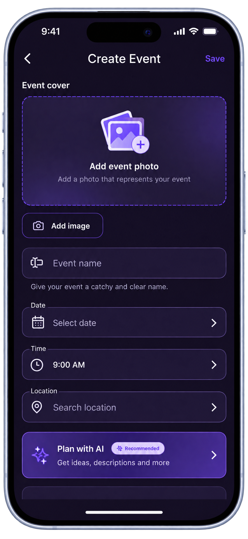 Homeloom dark-theme create event screen with intelligent planning help
