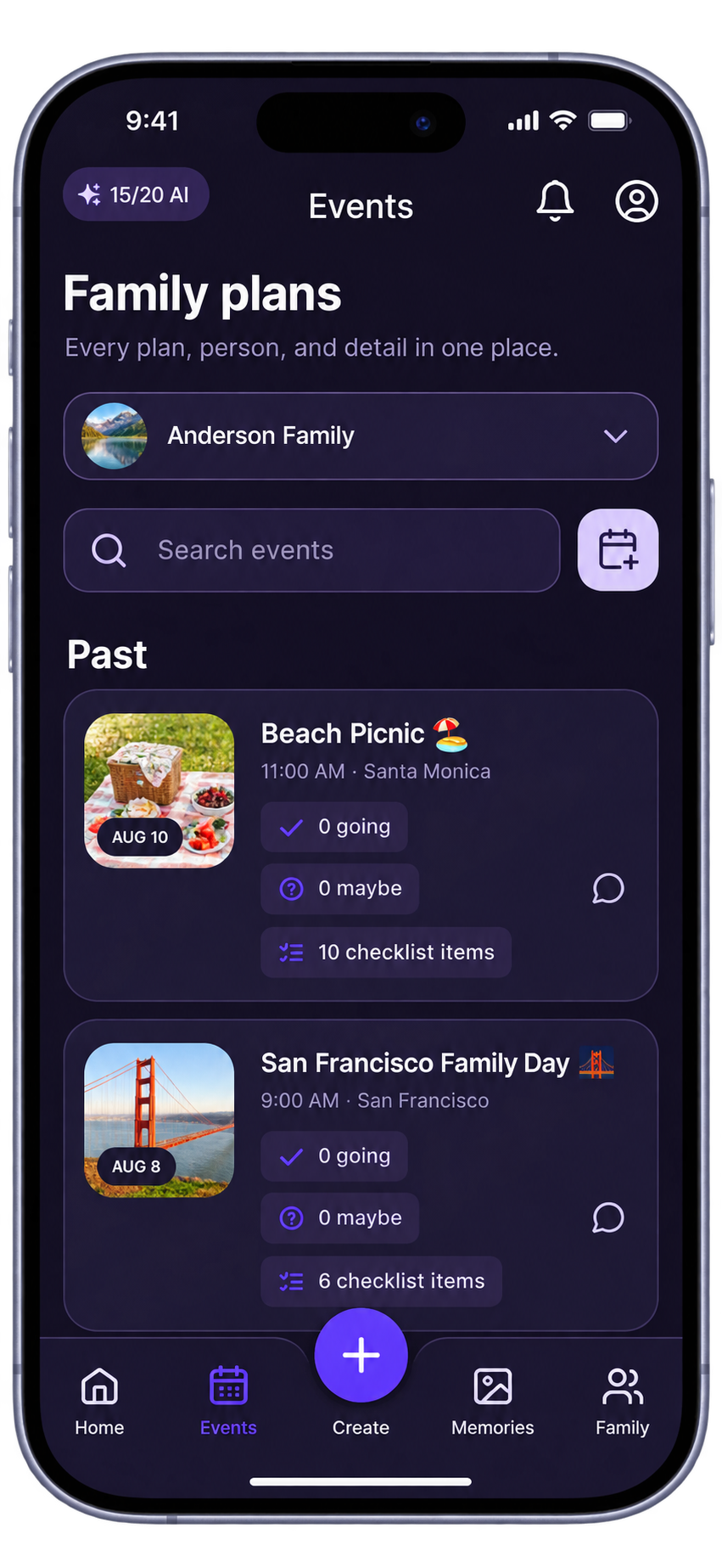 Homeloom dark-theme family events screen