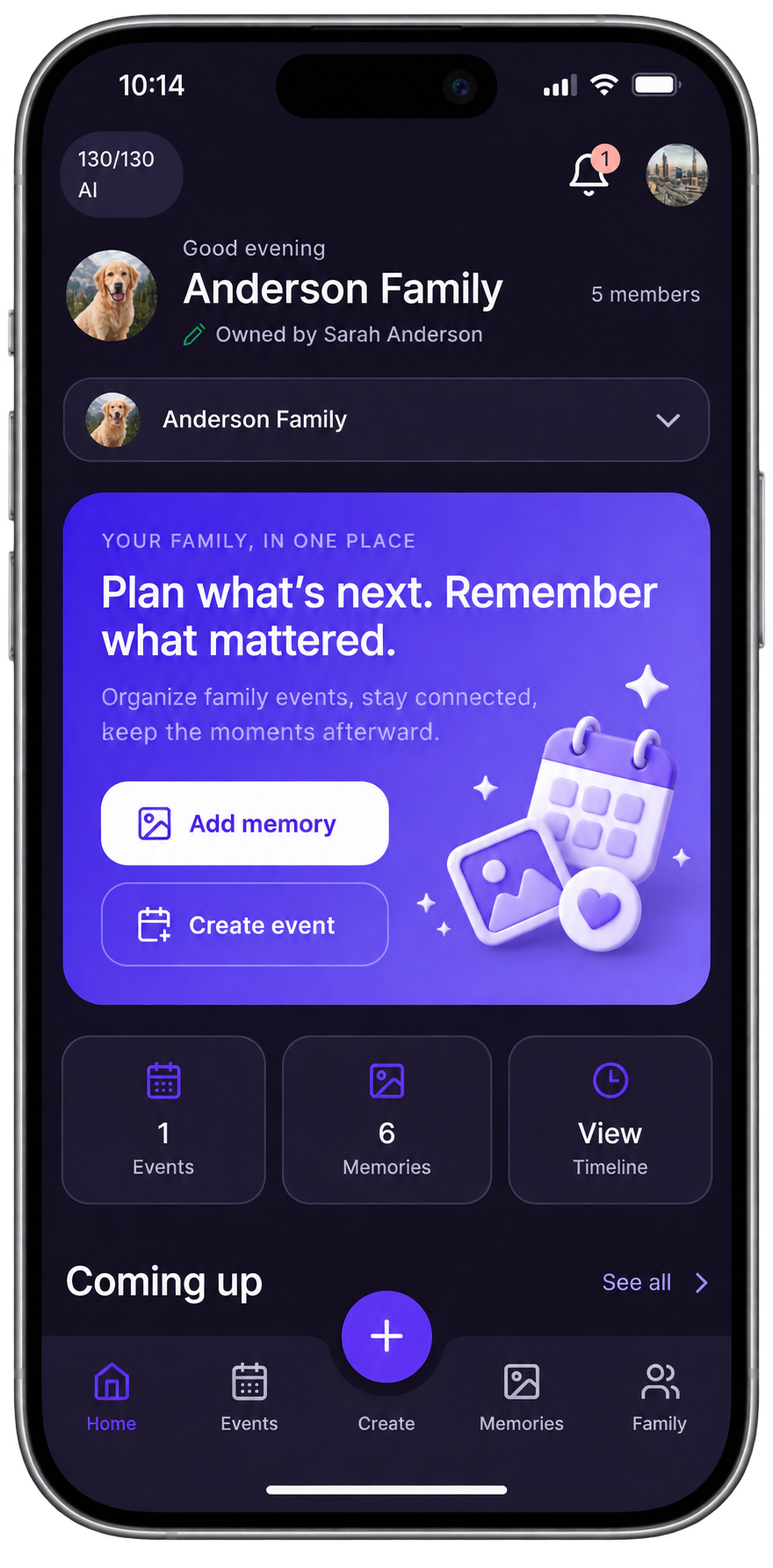 Homeloom dark-theme family home showing events, memories, timeline, and family spaces