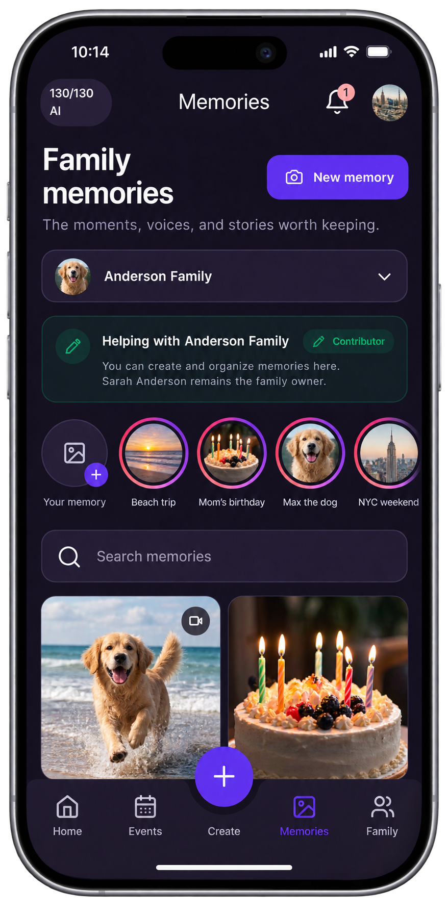 Homeloom dark-theme memories screen with family photos and stories