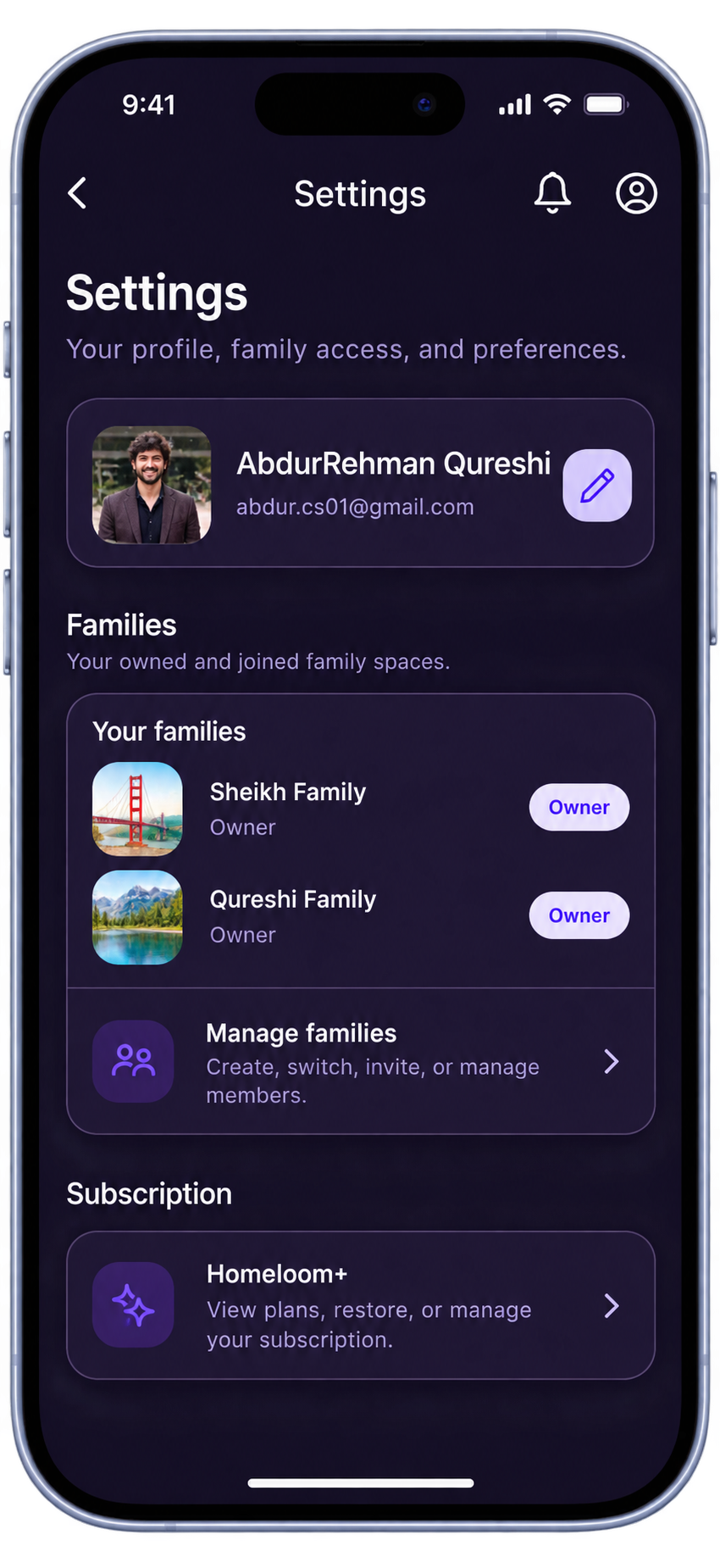 Homeloom dark-theme settings for family access and preferences