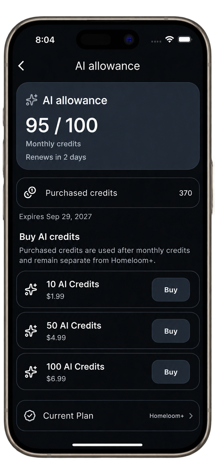 Homeloom AI allowance and credit screen