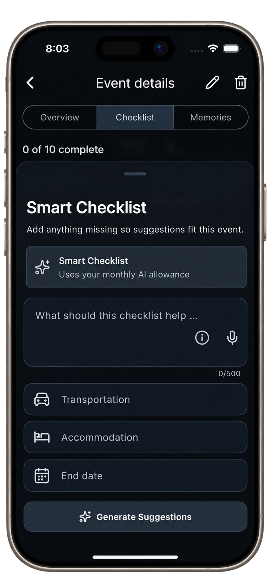Homeloom Smart Checklist screen for an event