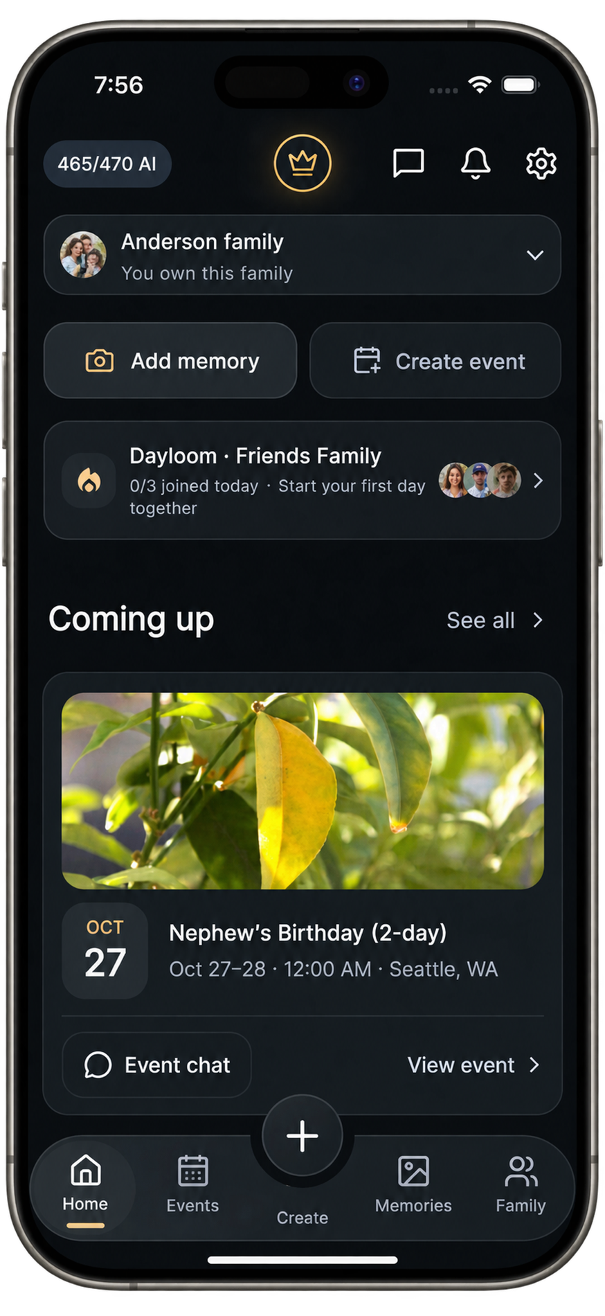 Homeloom dashboard showing a family space, Dayloom activity and an upcoming family event