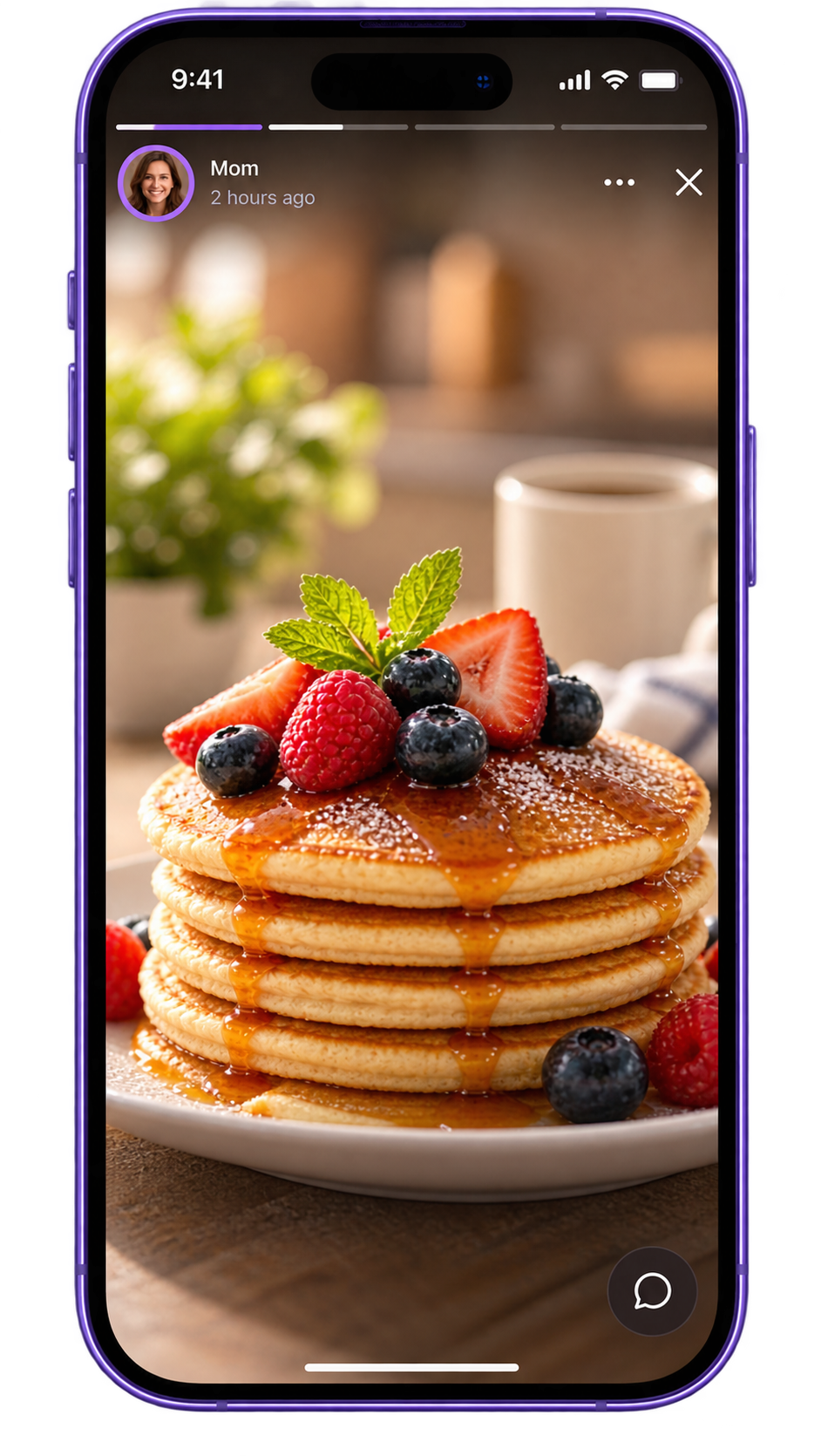 Illustrative Dayloom Moment viewer showing a family breakfast photo and a conversation button