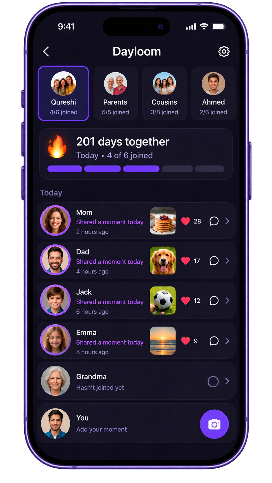 Illustrative Dayloom phone preview with private family groups, a days together indicator, and family Moment activity