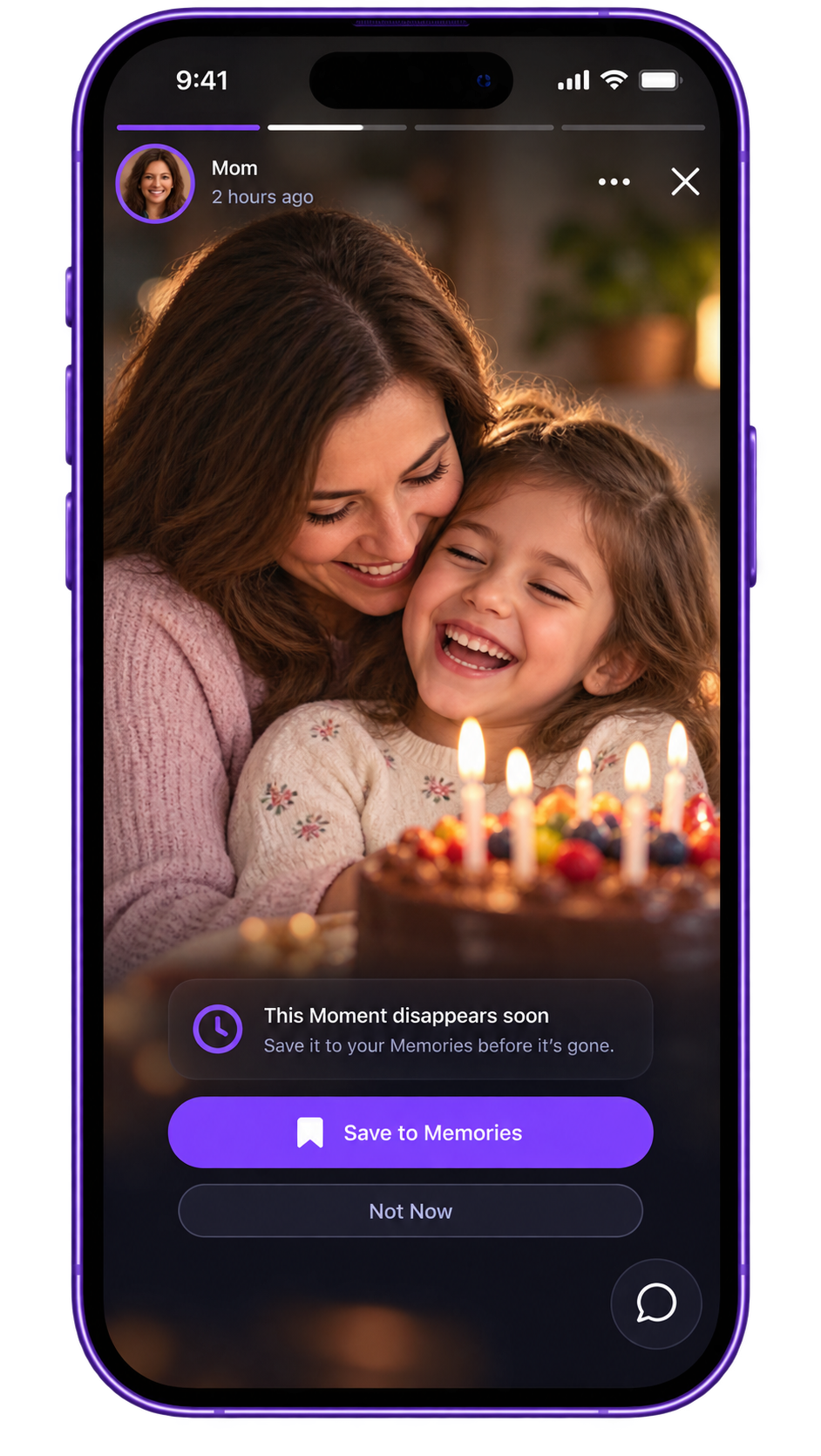 Illustrative Dayloom Moment with a Save to Memories action before it disappears