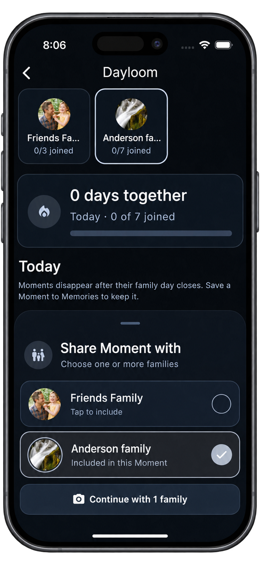 Dayloom sheet for privately sharing a Moment with selected families