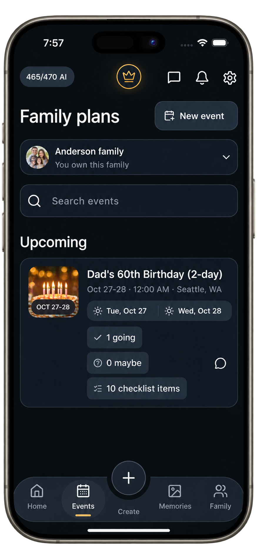Homeloom events screen showing an upcoming birthday event