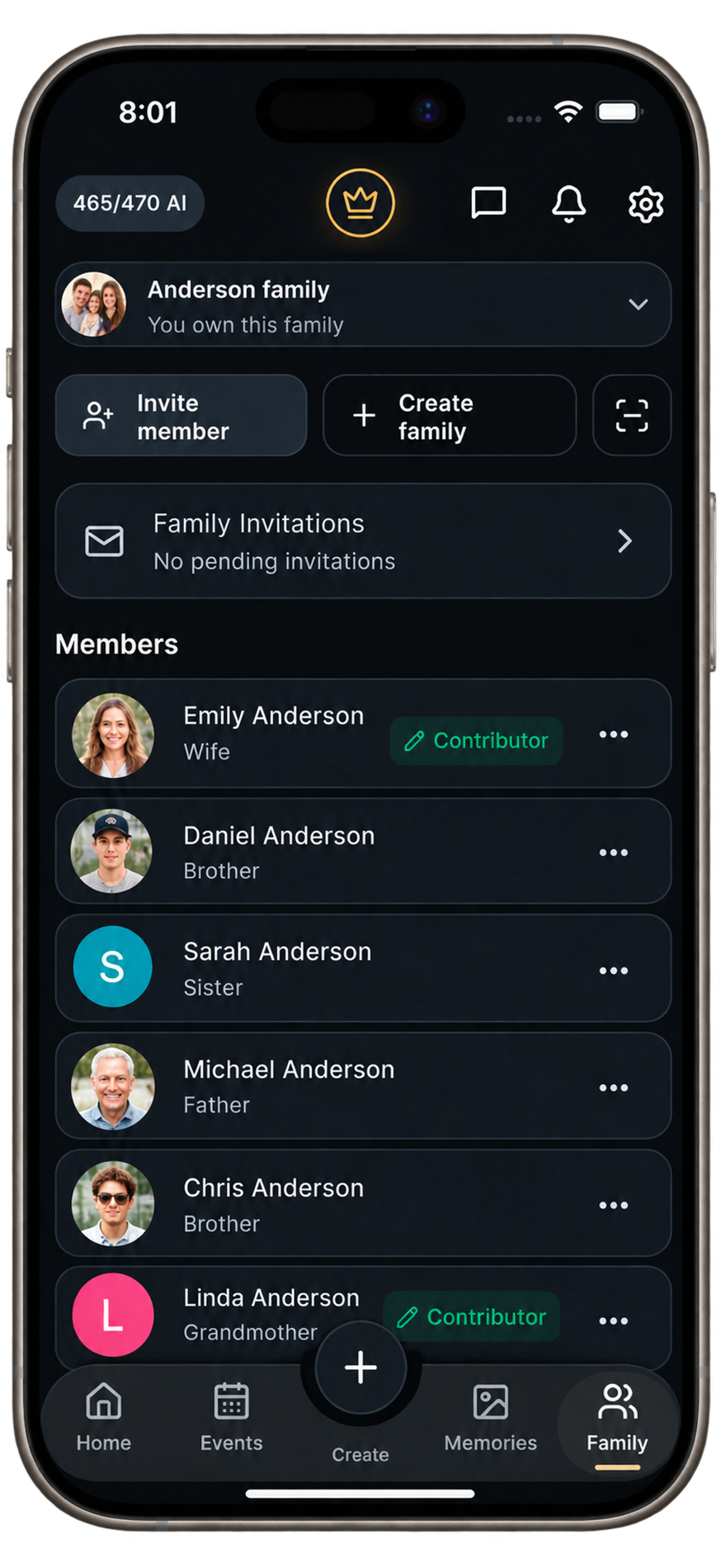 Homeloom family screen showing members and roles