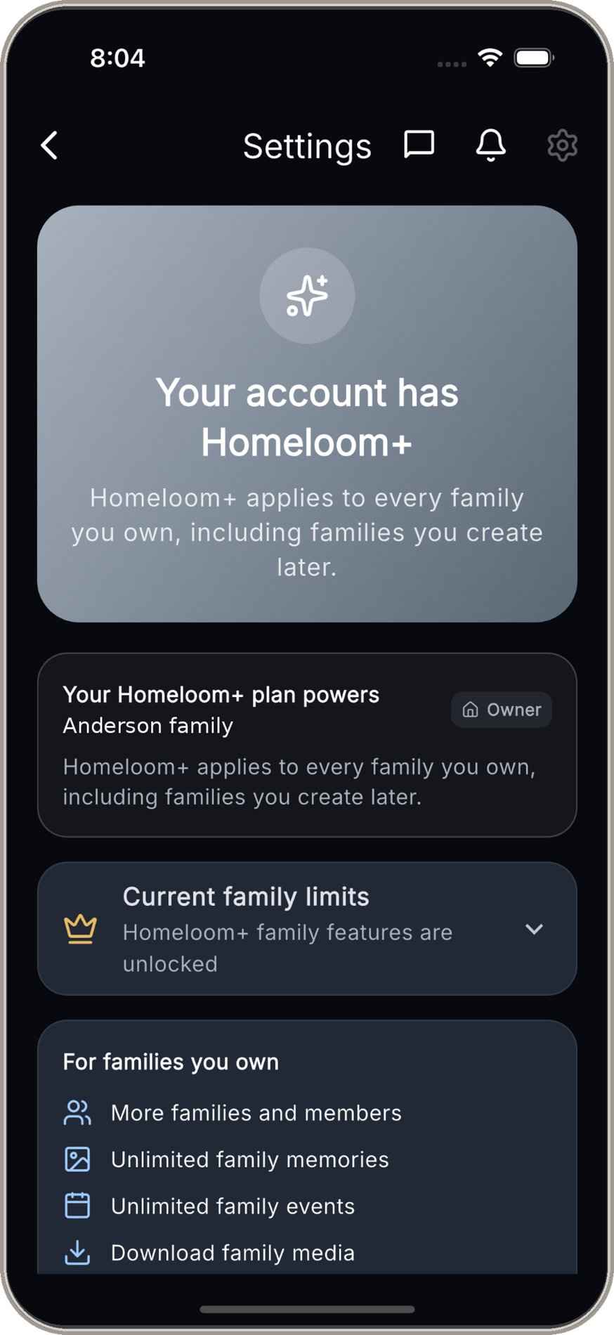 Homeloom+ account screen showing expanded family capabilities
