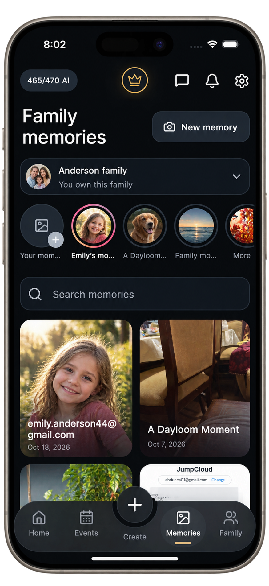 Homeloom family Memories screen with recent Moments and photos