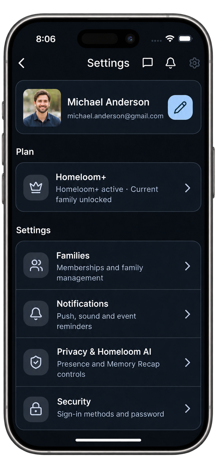 Homeloom settings screen showing family, notification, privacy and security controls