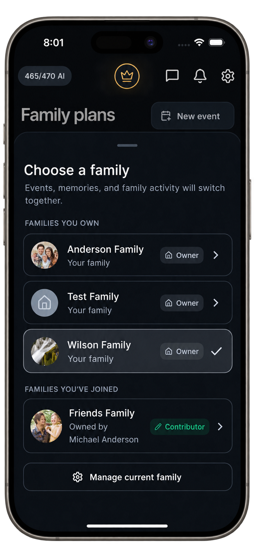 Homeloom family switcher showing owned and joined families